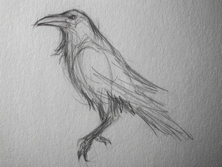 Obraz premium A rough graphite sketch of a crow, perched and facing left, with detailed feather depictions