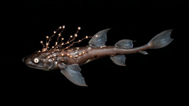 chimaera. A deep-sea chimaera glowing with bioluminescent forehead lights in the dark ocean abyss. wildlife magazines, conservation campaigns, designed for eco-tourism storytelling.
