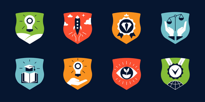 Mission and Values Icon Set with shields. Emblems for Vision, Excellence, Integrity, Innovation, Education, etc