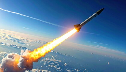 Ballistic Missile Ascending Rapidly With Intense Fiery Exhaust Against Blue Sky and Clouds