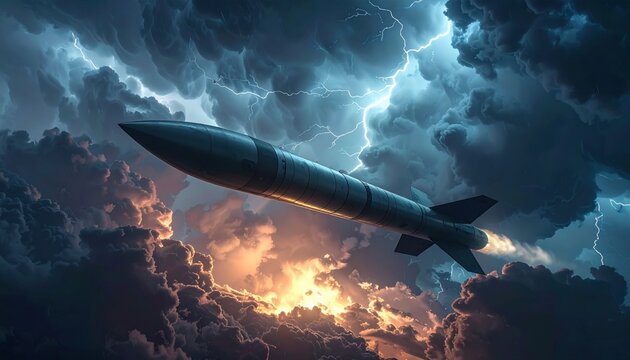 A ballistic missile streaks through a dramatic lightning-filled thunderstorm at high speed, showcasing immense power and threat.
