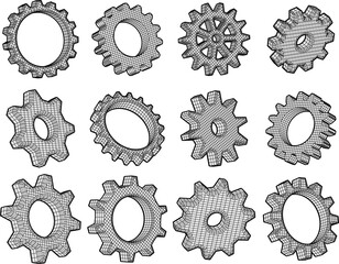 Wireframe gears. 3D gear mesh and technical cogwheel outlines. Mechanical gearwheels in linear grid style, industrial cog elements for engineering and technology. Abstract machinery part icons