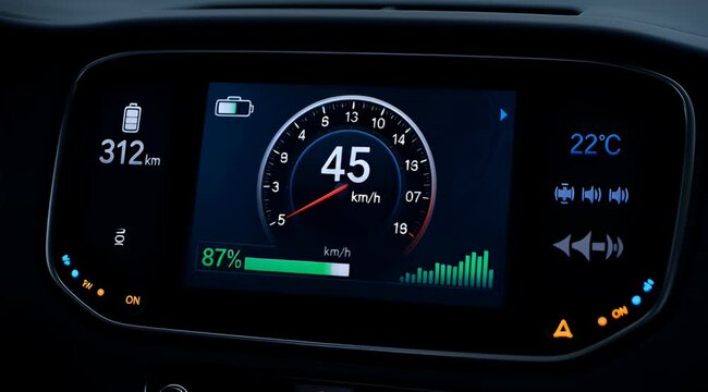 Electric vehicle digital dashboard displaying speed, battery level, and temperature information