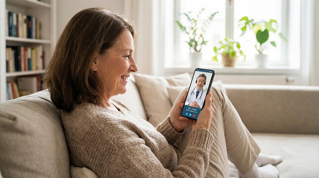 Mature Woman Using Smartphone for Telemedicine Video Call with Doctor While Relaxing at Home