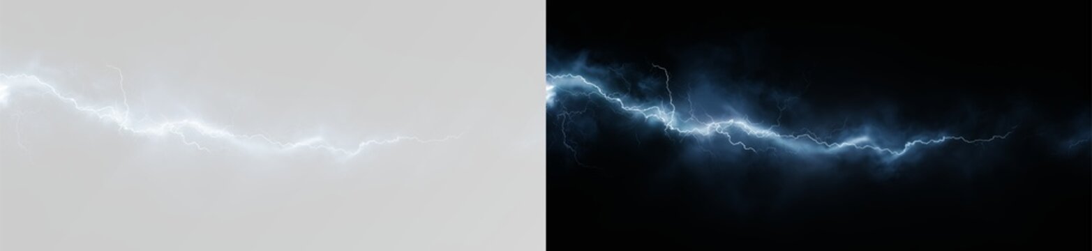 Abstract blue lightning flash split composition on white and black background. Electric thunderbolt discharge with smoky cloud texture. High voltage power spark comparison for digital technology.