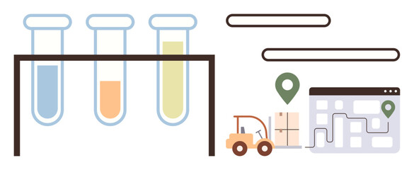 Fototapeta premium Science, research, supply chain, logistics, transportation, analysis. Test tubes with colored solutions and a logistics pathway with markers and packages. Science and supply chain concepts