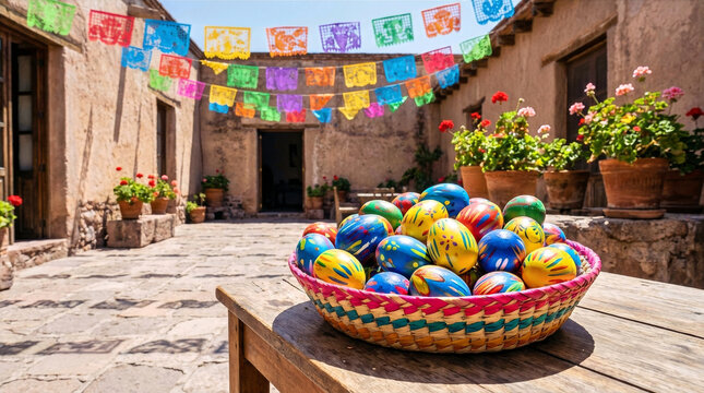 Colorful Mexican Easter eggs in a woven basket on a wooden table in a courtyard with papel picado decorations and blooming flowers in terracotta pots