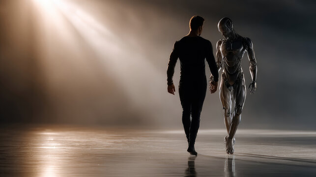 Human and robot holding hands, dancing in a synchronized movement, representing the integration of artificial intelligence with humanity and the evolving partnership in a technological future