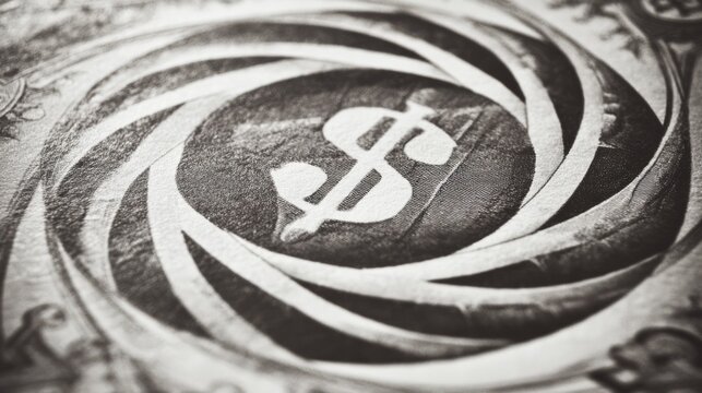 virtuosity. A distorted spiral pattern featuring a currency symbol at its center in monochromatic graphic design style. pitch deck slides.
