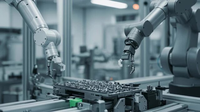 Robotic arms assembly parts on a production line. Automated manufacturing process in a factory. Hightech industrial machinery working on precision engineering task.