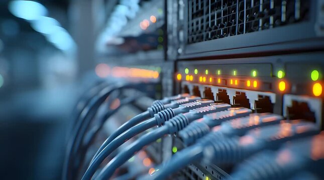 Close-up of numerous blue ethernet cables plugged into a network switch with glowing indicator lights in a server room, conveying data connectivity and technology