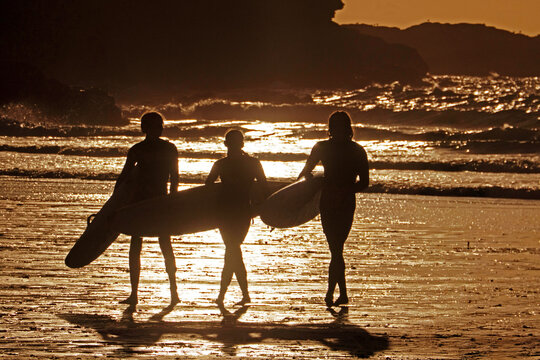 Three people with surfboards walking along a beach as the sun sets