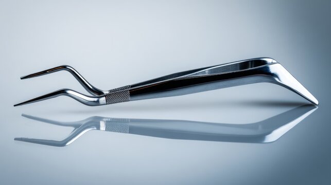 shortcoming. A stainless steel dental facebow isolated on a neutral background. STEM education sheets, lab safety posters, designed for biotech research communications, used by nutritionists.
