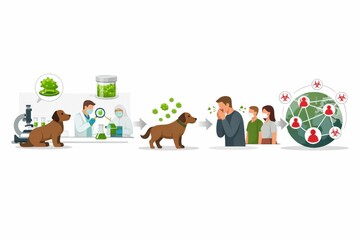 Fototapeta premium Dog health and epidemiology visualized, illustrating pathogen flow from canine to human through environmental interaction and community spread, highlighting veterinary science and public health