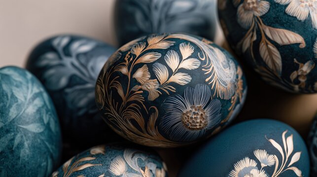 Elegant floral patterned Easter eggs in decorative arrangement