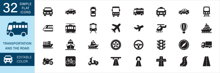 Transportation and vehicles icon set. Road navigation icons. Contains symbol of airplane, car, bus, bicycle, motorcycle, truck, ship, cargo, tram, taxi, crossroad, tunnel, flyover, traffic light.