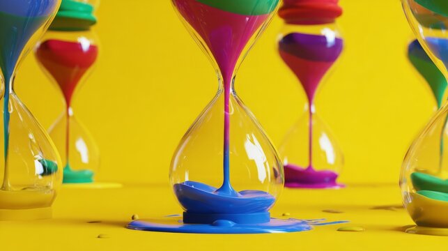 adhd. Colorful overlapping hourglasses with upward-flowing sand, depicting the unique perception of time in ADHD. wellbeing guides.
