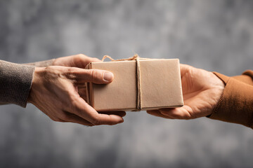Two hands exchange a wrapped gift in a neutral setting during daylight hours