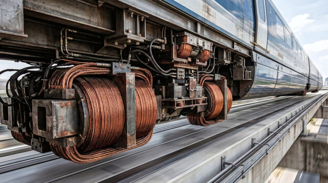 Dynamic close-up of heavy copper electromagnetic coils underneath a high-speed maglev train in motion