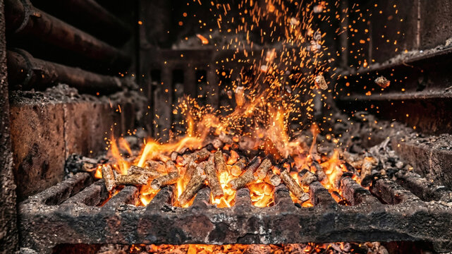 Dynamic macro of biomass wood pellets burning intensely on a rusty industrial cast iron grate with flying sparks