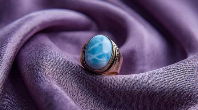 Ring with larimar gemstone on violet fabric. Space for text.