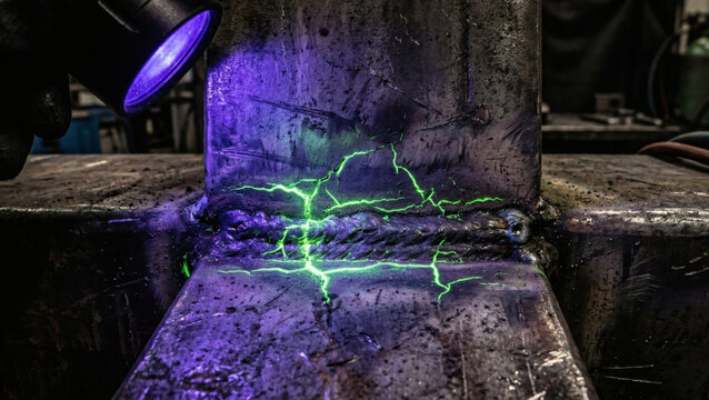 Close-up of a steel weld revealing fluorescent green glowing cracks under a UV flashlight inspection
