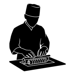 Chef preparing traditional maki sushi rolls with precision in black silhouette vector © Avijit