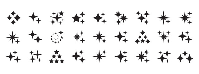 A vector set of stars and bursts icons, twinkling stars. Different black sparkles icons on transparent background. Vector illustration