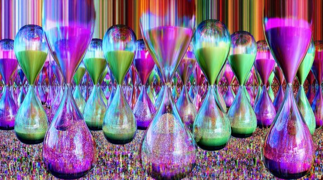 adhd. Colorful overlapping hourglasses with upward-flowing sand, depicting the unique perception of time in ADHD. wellbeing guides.

