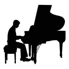 Musician silhouette playing a grand piano in black vector graphic