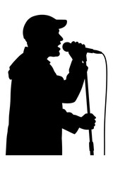 Silhouette illustration of a music artist singing passionately into a microphone.
