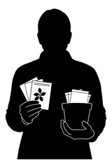 Person's silhouette holding seed packets and a pot concept illustration