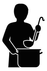 Simple black and white vector graphic illustration of person serving soup