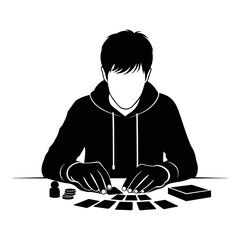 Vector graphic illustration of a focused person playing trading card games