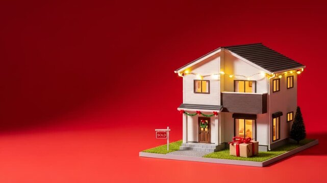 A miniature two-story house with a gable roof and lit windows on a red background
