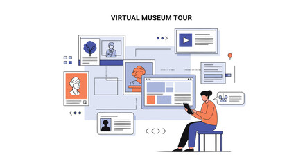 Vector illustration of a person taking a virtual museum tour on a tablet isolated on White Background