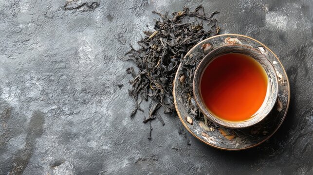 Fragrant pu-erh tea sat on a grey table, seen from above. This design has room for your words.