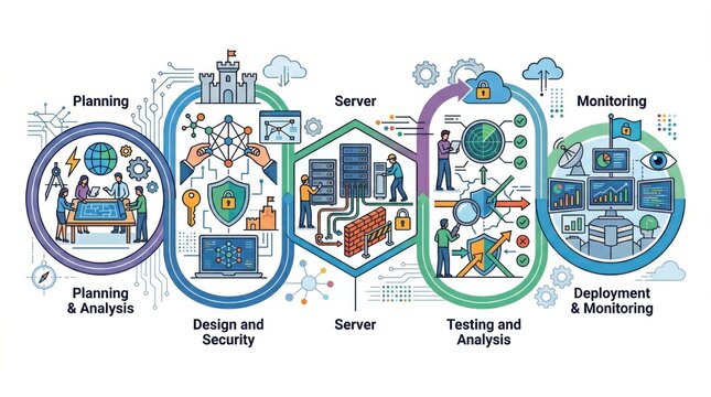Comprehensive roadmap for optimized technology deployment, emphasizing analysis, security protocols, server management, and continuous monitoring for enhanced digital efficiency