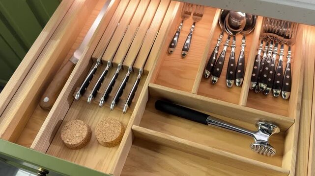 Organized kitchen drawer featuring various utensils, knives, and cutlery for cooking tasks