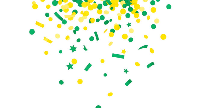 A vibrant celebration scene with colorful confetti and stars on Brazil, green and yellow colors in 2026 soccer world championship
