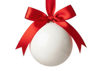 White christmas ornament with red ribbon bow isolated on transparent background