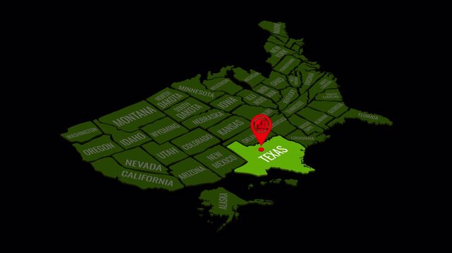 Animated 3D map of the United States with highlighted Texas and location pins in red, motion graphics on transparent background for travel, business and geographic infographics.
