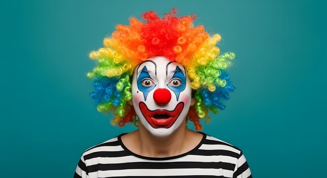 A clown with a colorful wig and painted on smile
