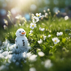 Obraz premium Snowman on a meadow with grass and spring flowers growing through the melting snow. Concept of spring coming and winter leaving.