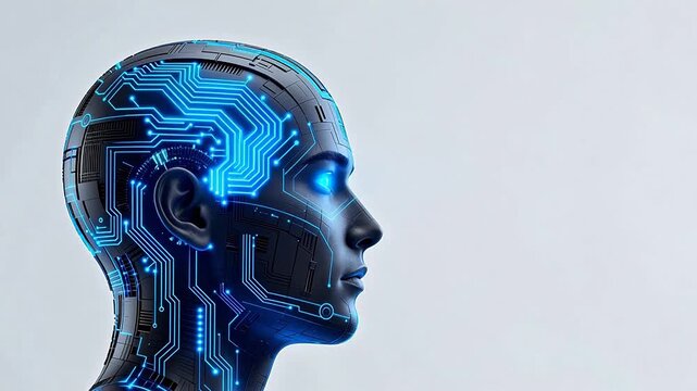Cybernetic human head with glowing circuits