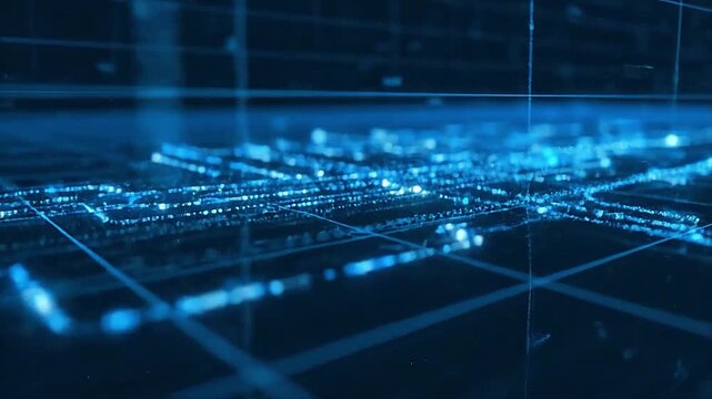 Abstract fintech data particles flowing across digital grid representing real time financial analytics