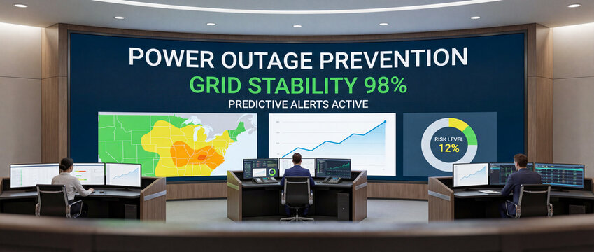 Energy control center monitoring power outage prevention with grid stability at 98%, predictive alerts active and regional risk level analysis on large digital screens.