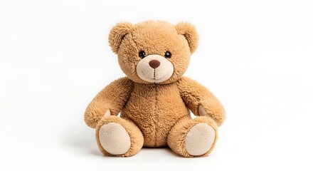 Obraz premium A brown teddy bear sitting on a white surface looks directly at the camera.