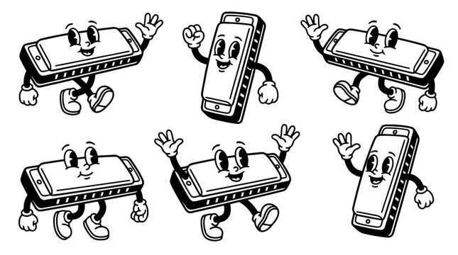 harmonica, cute retro cartoon style vector set , white background , PNG and SVG isolate