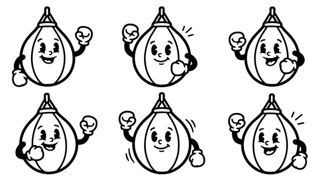 punching bag, cute retro cartoon style vector set , white background , PNG and SVG isolate